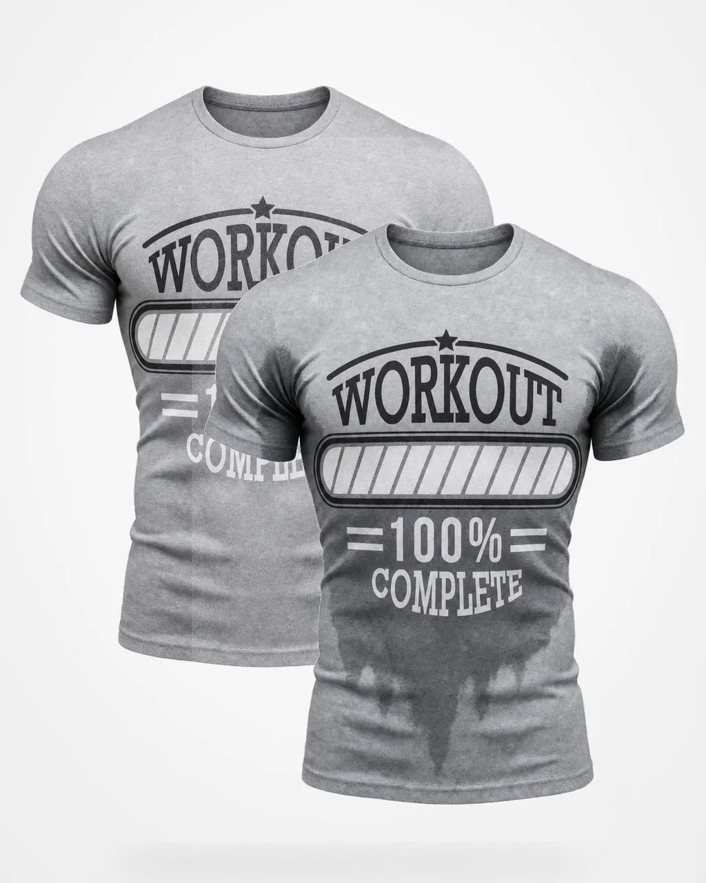 Workout 100% Complete Baskılı Tişört — ter öncesi ve ter sonrası hâli yan yana